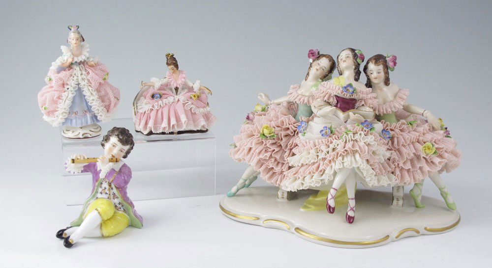 4 GERMAN PORCELAIN LACY FIGURINES DRESDEN VOLKSTE: 4 GERMAN PORCELAIN LACY FIGURINES: 1) Volkstedt figural group of 3 ladies sharing a song book, 5 1/2" tall x 7 1/2" wide. 2) Cross Swords mark miniature lady, 4" tall. 3) Furstenberg miniature lady on
