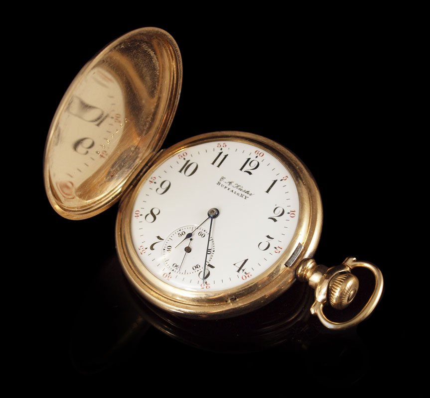 KUSTER HUNTERS CASE GOLD FILLED POCKET WATCH: KUSTER HUNTERS CASE GOLD FILLED POCKET WATCH: Kuster size 16 gold filled hunters case pocket watch, movement made by Waltham. 15 jewel movement, movement serial number 2079749, case number 1959450. Pl
