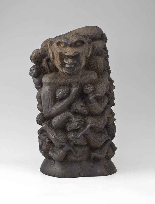 AFRICAN CARVED MAKONDE EBONY WOOD "FAMILY TREE": AFRICAN CARVED MAKONDE EBONY WOOD "FAMILY TREE": Heavy dark wood, tumbling figures, 12" tall x 6" dia.