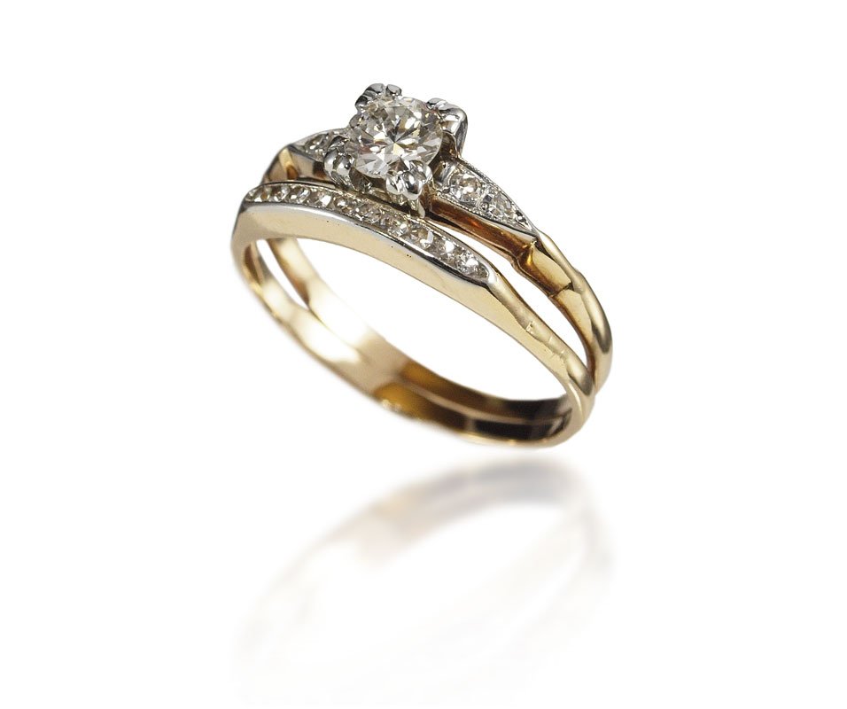 14K .50 CTW DIAMOND BRIDAL SET: 14K .50 CTW DIAMOND BRIDAL SET: 14K yellow gold bridal set contains one round brilliant cut diamond and 14 round single cut diamonds. Weight: .50 Ct. Approx. Rated VS in clarity and H-I in color. The