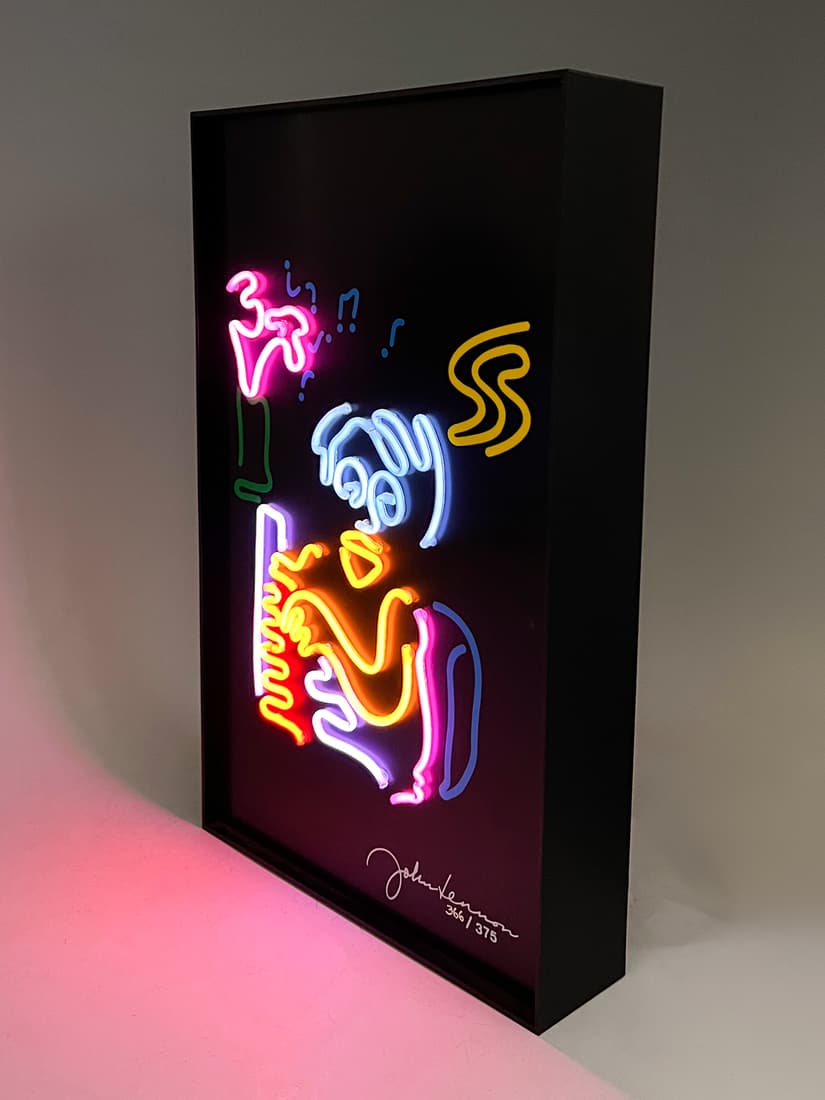 JOHN LENNON "BABY GRAND" KINETIC NEON SCULPTURE: JOHN LENNON "BABY GRAND" KINETIC NEON SCULPTURE: 15.5" x 10", signed lower right and numbered 366/375, label verso, John Lennon Kinetic Neon Collection, design interpretation by Harushi. In working co