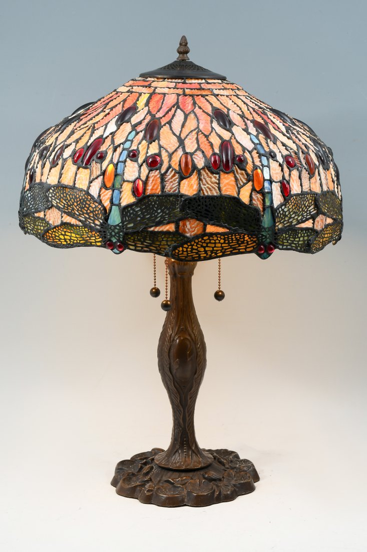 TIFFANY STYLE DRAGONFLY MOTIF STAINED GLASS LAMP (1 of 4)