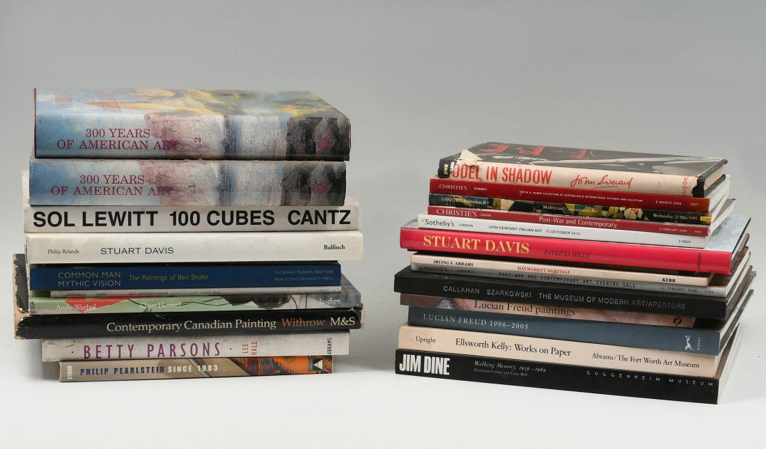 25 PC. ART REFERENCE & CATALOG BOOKS: 25 PC. ART REFERENCE & CATALOG BOOKS: A collection of 29 hard & paperback art reference books & auction catalogs. Artists include Lucian Freud, Andy Warhol, Stuart Davis, Jim Dine, Ellsworth Kelly, Ph