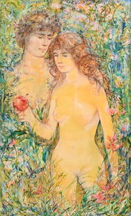 LARGE ORIGINAL EDNA HIBEL ADAM AND EVE PAINTING: HIBEL, Edna, (American, 1917-2015): "Adam and Eve", Oil/Board, 48" x 30", signed lower left, framed, 54" x 36", copyright info verso.