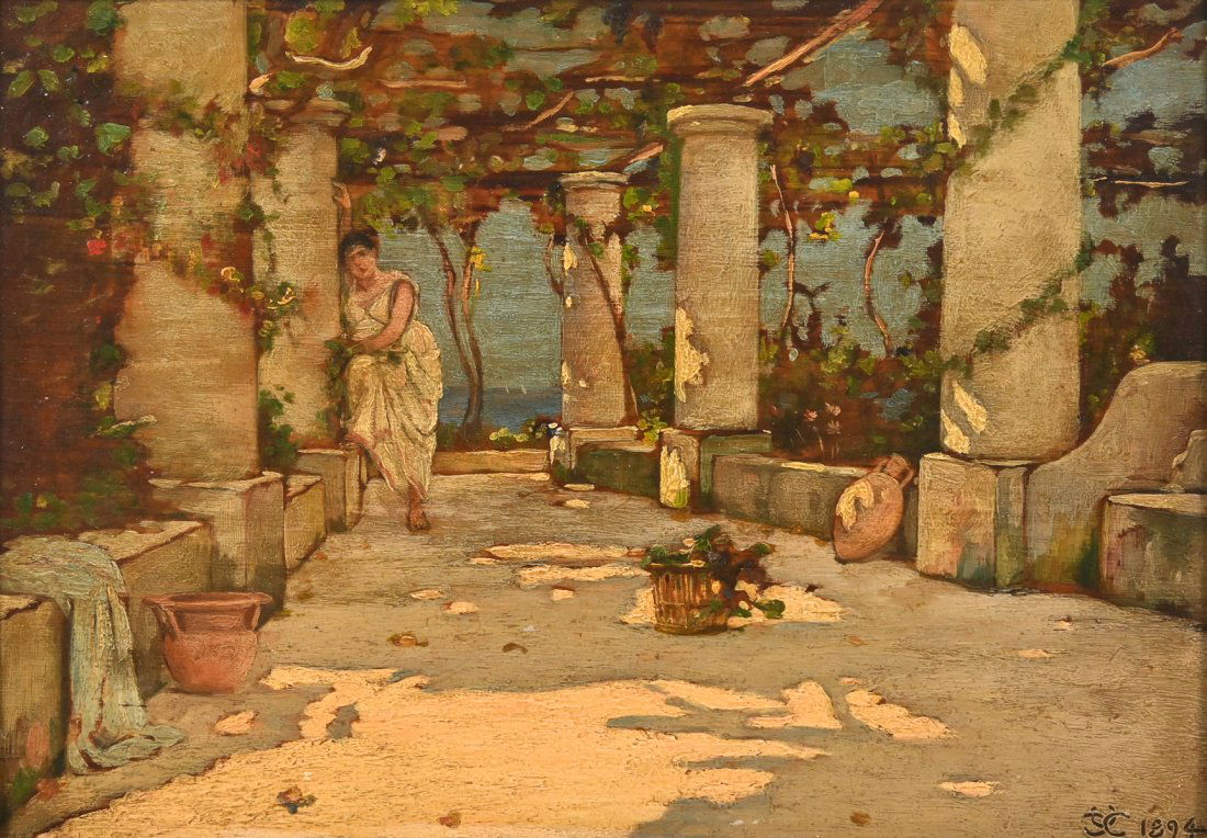 CHARLES CARYL COLEMAN ITALIAN VERANDA PAINTING: COLEMAN, Charles Caryl, (American, 1840-1928): Figure Seated in a Pergola, and Italian Scene, Oil/Wood Panel, 6.5" x 9", monogramed lower right and dated 1894, framed, 12" x 14.5".