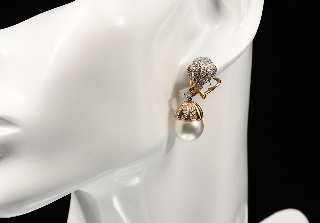 18K YELLOW GOLD DIAMOND AND PEARL DROP EARRINGS (1 of 4)