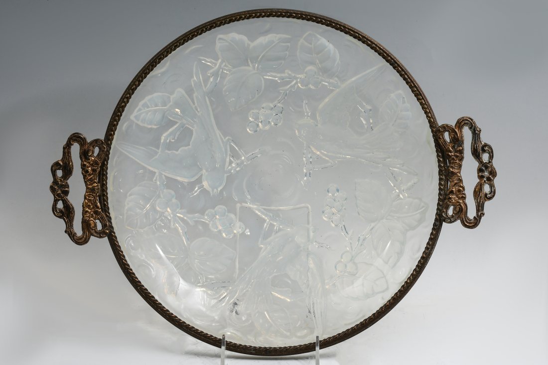 ART DECO FRENCH METAL MOUNTED VERLUX BOWL: ART DECO FRENCH METAL MOUNTED VERLUX OPALESCENT BOWL: Art Deco French Verlux Opalescent bowl French hand blown art glass bowl with Birds and Berries motif and bronze rim. Approx. 3.75" h x 17.5" l x 1