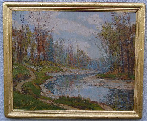 CHARLES WILLIAM DUVALL FALL LANDSCAPE: DUVALL, Charles William, (American, 1864-1966): An autumnal river landscape probably Ohio, O/C, 22'' x 27'', signed lower right, dated 1934, encased in period gilt frame. Condition - Several spots of