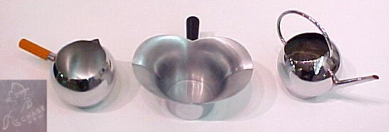 3 PIECE CHASE CHROME RUSSEL WRIGHT: 3 PIECE CHASE CHROME: To include Sphere pitcher #90070 with ribbed bakelite handel, Lotus sauce bowl #17045, and Russel Wright designed pitcher #28003 which is part of a pancake or corn set.
