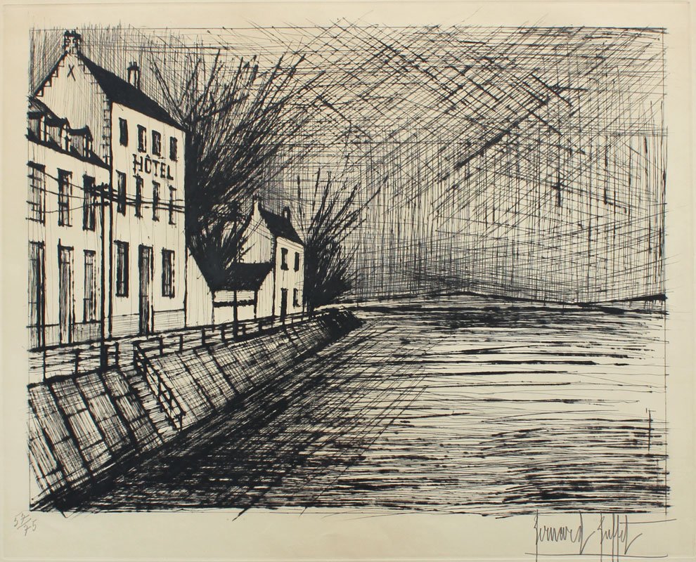 BERNARD BUFFET ETCHING HOTEL AM KANAL: BUFFET, Bernard, (French, 1928-): Hotel Am Kanal, Etching, sight size 20" x 25 3/4", pencil signed lower right, numbered lower left 57/75, framed, 29" x 34".