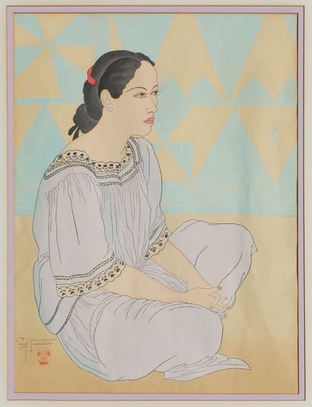 PAUL JACOULET WOODBLOCK LA NOUVELLE ROBE: JACOULET, Paul, (France, 1902-1960): ''La Nouvelle Robe, Metalanim, Ponape'', Woodblock, 16 1/4'' x 12 1/2'' with margins, pencil signed, #'d 160 of 350, stamp lower left verso, also stamped lower rig