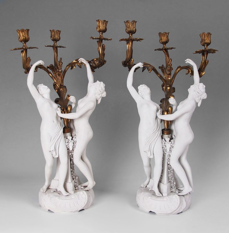 PR FRENCH GILT BRONZE AND PARIAN WARE NUDE FIGURAL: PR FRENCH GILT BRONZE AND PARIAN WARE NUDE FIGURAL CANDELABRA, 22'' h. x 9 3/4'' x 9 1/2''.