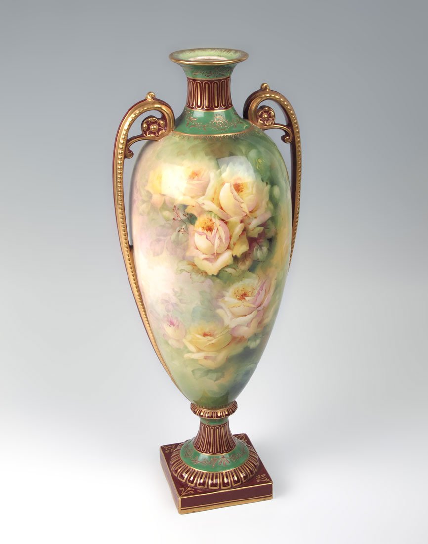 ROYAL BONN HAND PAINTED VASE: ROYAL BONN HAND PAINTED VASE: 19'' tall. Beautiful handpainted rendition of roses, signed M. Dirkmann.