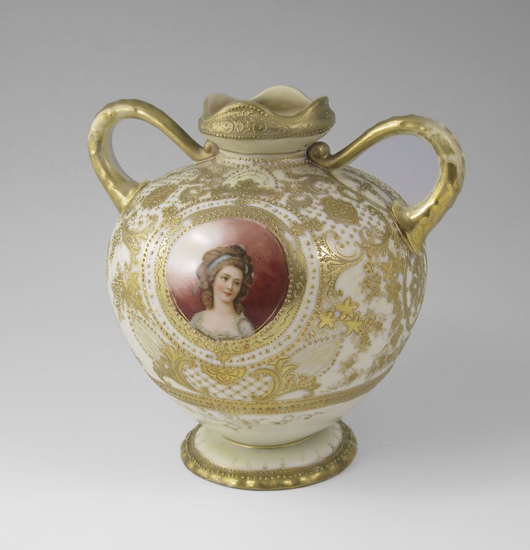 NIPPON PORTRAIT VASE ANNA POTOCKA: NIPPON COUNTESS ANNA POTOCKA PORTRAIT VASE: Double handle vase with portrait of Anna Potocka surrounded by gilt work and raised beading. Green maple leaf mark. Approx. 7 1/2'' tall x 7 1/2'' wide, han