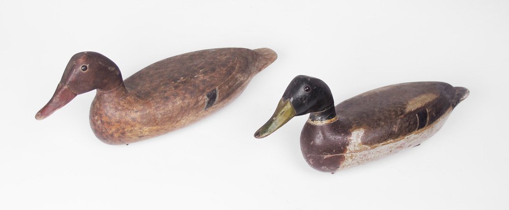 IMPORTANT PAIR G. BERT GRAVES MALLARD DUCK DECOYS: IMPORTANT PAIR OF G. BERT GRAVES MALLARD DUCK DECOYS: Circa 1920's Peoria, Illinois, original lead weights marked G. B. Graves Decoy Co.. Working decoys and show signs of use and wear, drake has crack