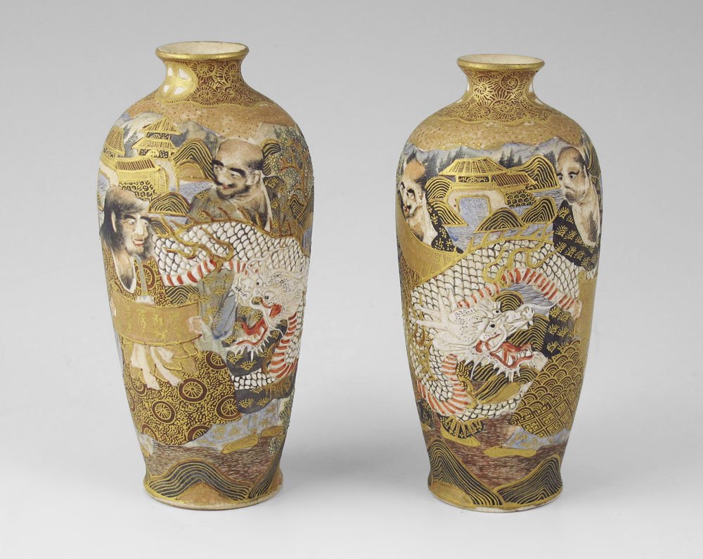 2 SIGNED MINIATURE JAPANESE SATSUMA VASES 5'' TALL: PAIR SIGNED MINIATURE JAPANESE SATSUMA VASES: Figures with scroll, a white dragon in their midst. Signed with Dai Nippon, Satsuma, Jitsu Sei, Choshuzan, Kegetsu Ga and unknown mark. 5" tall.