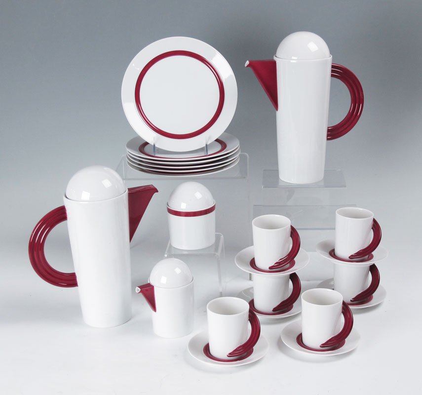 ROSENTHAL STUDIO LINE ART DECO COFFEE SERVICE: ROSENTHAL STUDIO LINE ART DECO COFFEE SERVICE: High style design with dome lids and drape type handles. Fine porcelain set includes 2 pots (11" tall), 6 plates (8.5"), 6 cups with saucers, and the cov