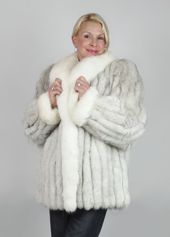 BLUE / SHADOW FOX FUR JACKET: SHADOW FOX FUR JACKET: Opulent brightend white collar and cuffs, slit pockets. Fur is from Finland, jacket is made in Korea. Medium to large size. 31" Length, 21" across the shoulders, and 18" sleeve 