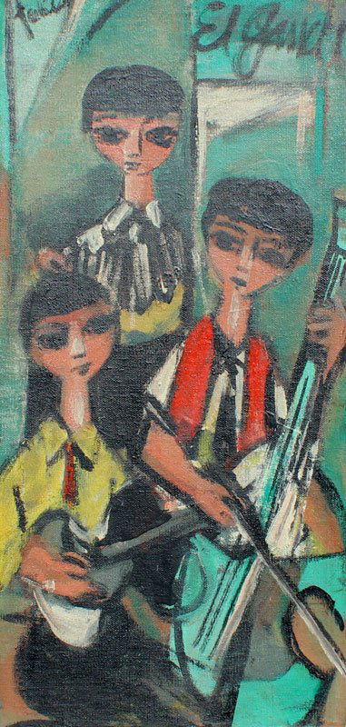NICHOLAS TAKIS MODERNIST PAINTING WITH FIGURES: TAKIS, Nicholas, (American, 1903-1964): ''El Gauchos'', Three Musicians in an Interior, Oil/Canvasboard, 18'' x 9'', signed upper left, titled upper right, original frame, 23 1/2'' x 14 1/4''.