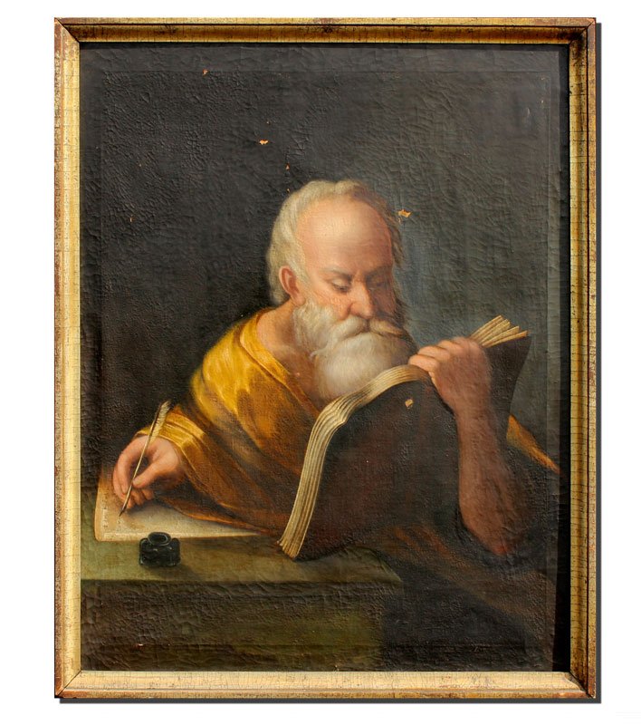 EARLY RELIGIOUS PAINTING ST JEROME: RELIGIOUS THEMED OIL ON CANVAS OF ST. JEROME? READING A BOOK AND MAKING NOTES: Possibly 19th Century or earlier, OIL/Canvas, 40 1/2'' x 31 5/8'', encased in gilded liner 43'' x 34 1/2''. No visible si