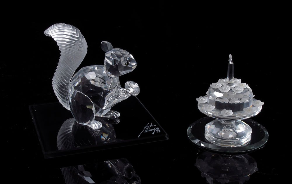 SWAROVSKI CRYSTAL SCS COMMEMORATIVE EDITIONS: SWAROVSKI CRYSTAL SCS COMMEMORATIVE EDITIONS: 1992 5TH ANNIVERSARY BIRTHDAY CAKE, Limited Edition, 003-0169678, Gabriele Stamey; 1997 10TH ANNIVERSAY SQUIRREL, with signed mirror, Limited Edition, 740