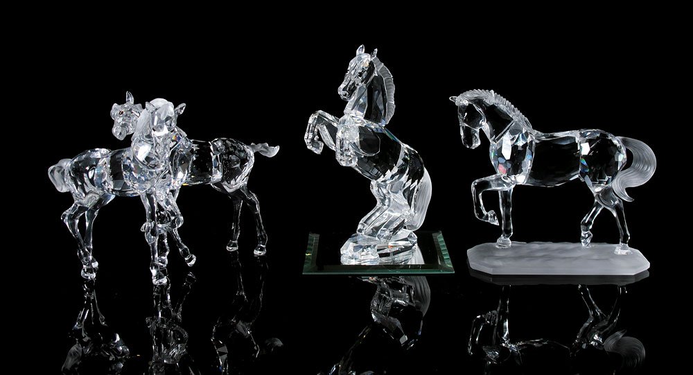 SWAROVSKI CRYSTAL HORSE FIGURINES: SWAROVSKI CRYSTAL HORSE FIGURINES: HORSES ON PARADE - WHITE STALLION, 7612 000 001, Martin Zendron, 1993-2005; HORSES ON PARADE - ARABIAN STALLION, 7612 000 002, Martin Zendron, 1998-2005; THE PEACEFU