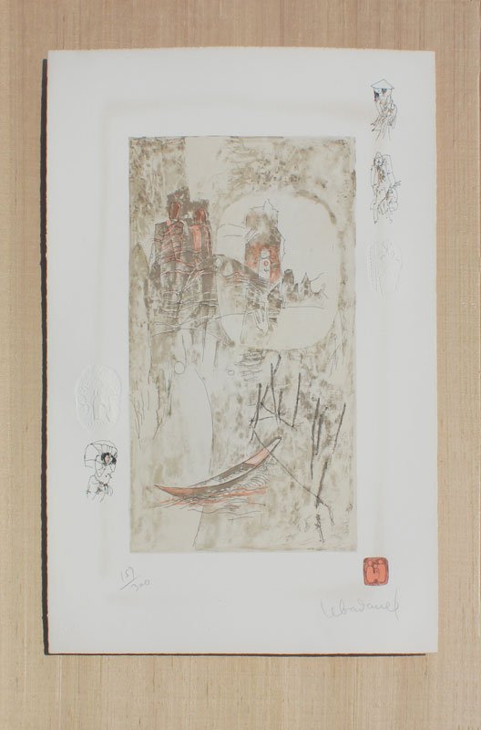 LEBADANG EMBOSSED PRINT: LEBADANG, (Vietnamese/French, 1922-): Surreal Landscape, Lithograph with embossing, float mounted, 24 1/2" x 17", pencil signed lower right, numbered lower left 157/300, custom plexiglass frame, 31" x