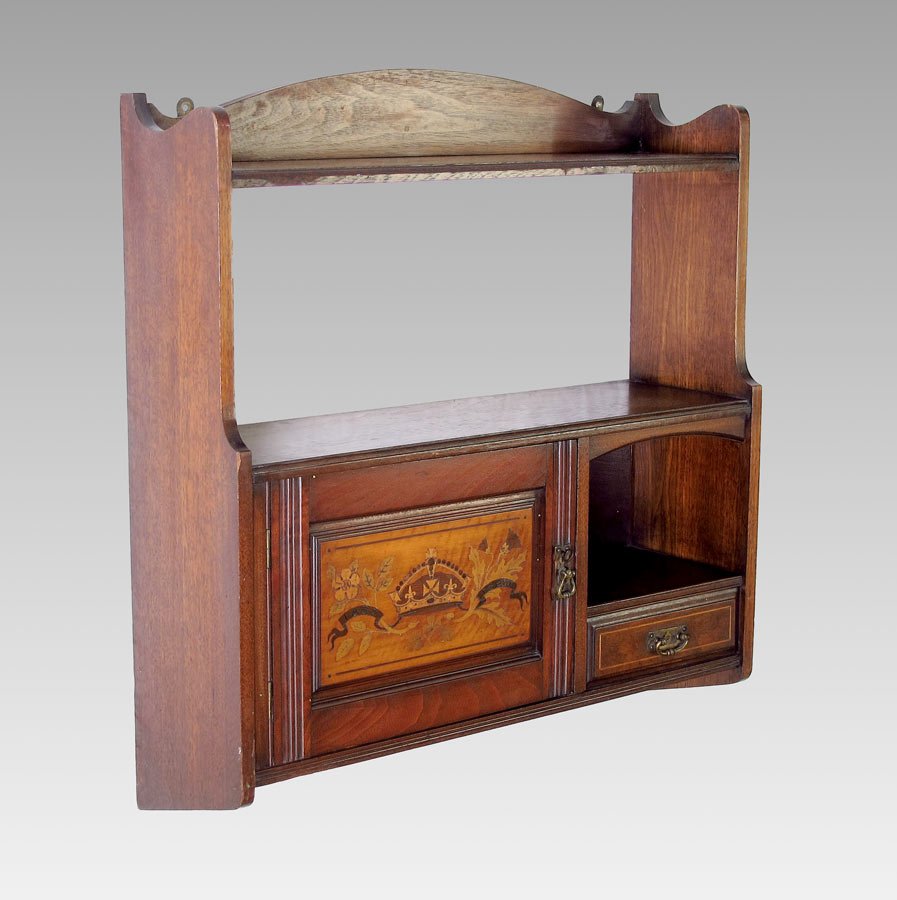 ENGLISH INLAID WALL SHELF: ENGLISH INLAID WALL SHELF: Shaped gallery, top shelf over open section. Half door with inlaid crown commemorating the 50th anniversary of Queen Victoria's reign, open compartment over single drawer. 2