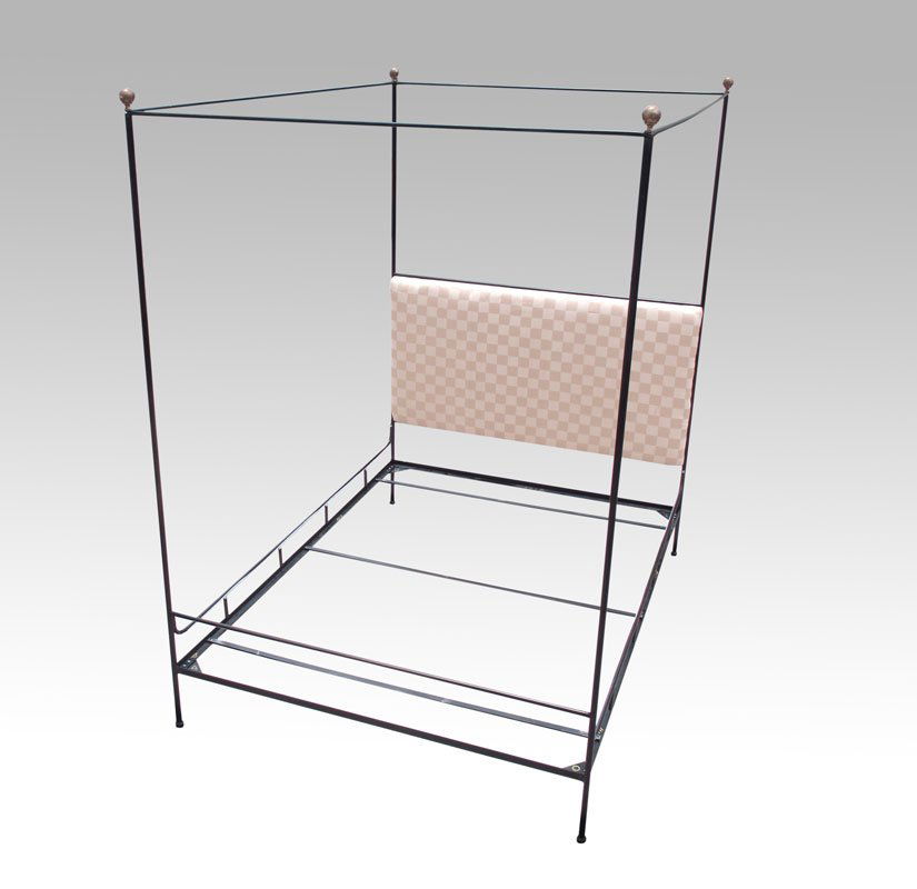 DESIGNER IRON FRAMED CANOPY BED: DESIGNER IRON FRAMED CANOPY BED: Queen size with headboard in a tone on tone by Jagtar. Head and foot boards approx 93 1/2" h. x 62 3/4".