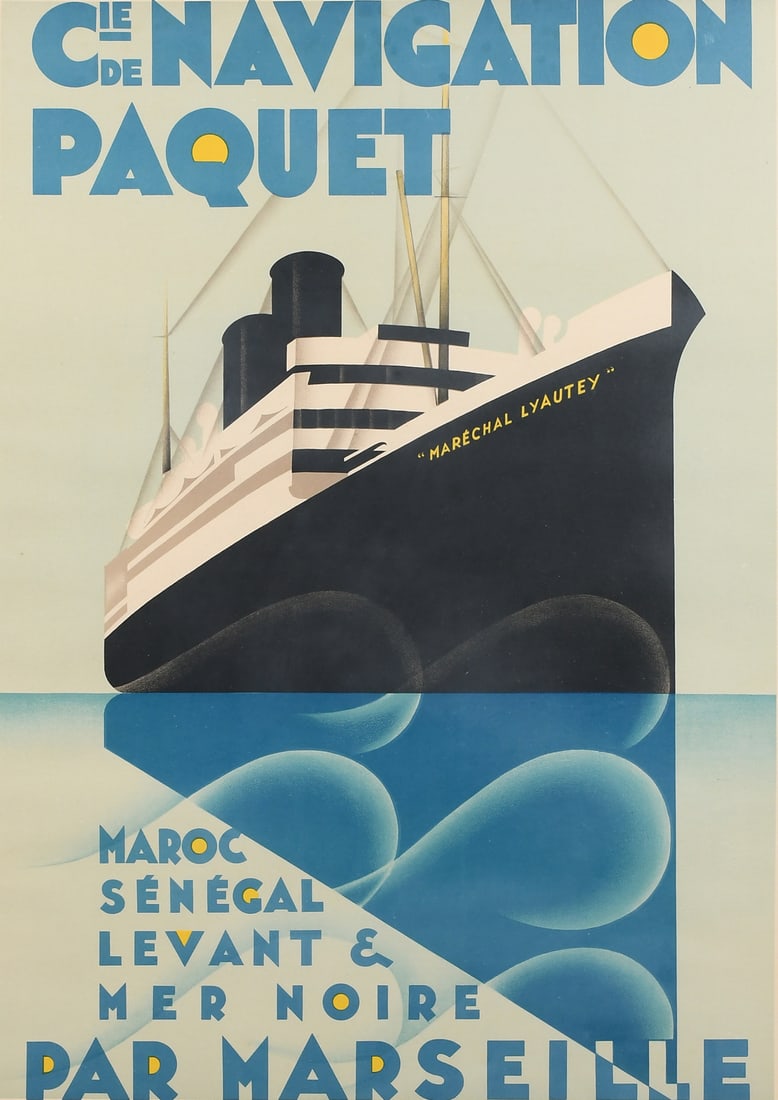 VINTAGE MAX PONTY NAVIGATION PAQUET DECO POSTER: VINTAGE MAX PONTY NAVIGATION PAQUET DECO POSTER: Sight size 41'' x 29'', fine custom framing, 46'' x 34''.