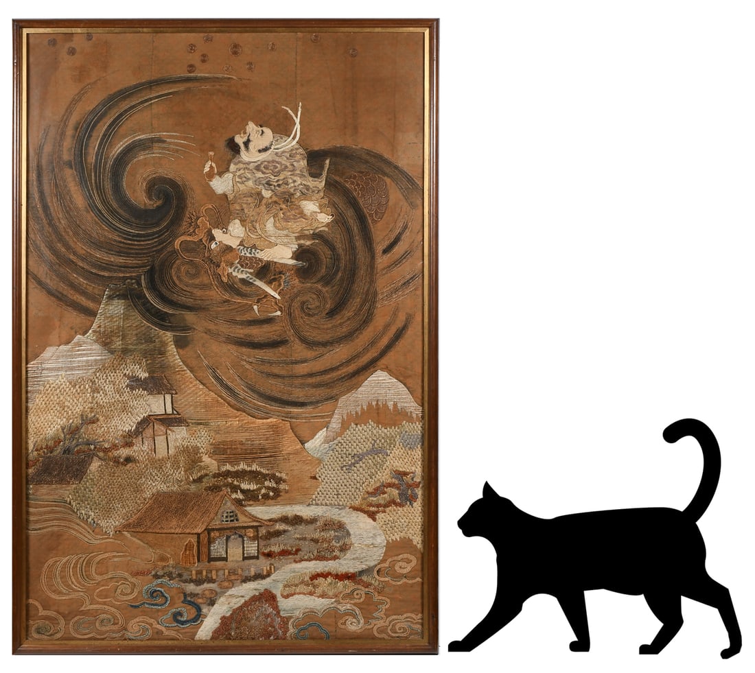 19TH C. NEEDLEWORK EMBROIDERY WATANABE AND THE DRA: 19TH C. JAPANESE SILK NEEDLEWORK EMBROIDERY WATANABE AND THE DRAGON: Fine example of Japanese tapestry incorporates into the design and complex pattern, many obscure knots and weavings. Depicts the wa