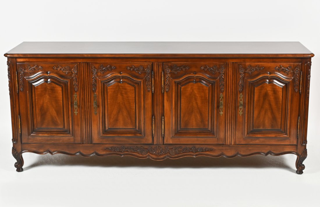 PRISTINE WIDDICOMB CREDENZA: PRISTINE WIDDICOMB CREDENZA: A broad 4-door carved credenza reveals two lined silver trays and two drawers over adjustable shelving inside. Approx. 32'' h x 78'' w x 19.5'' d.