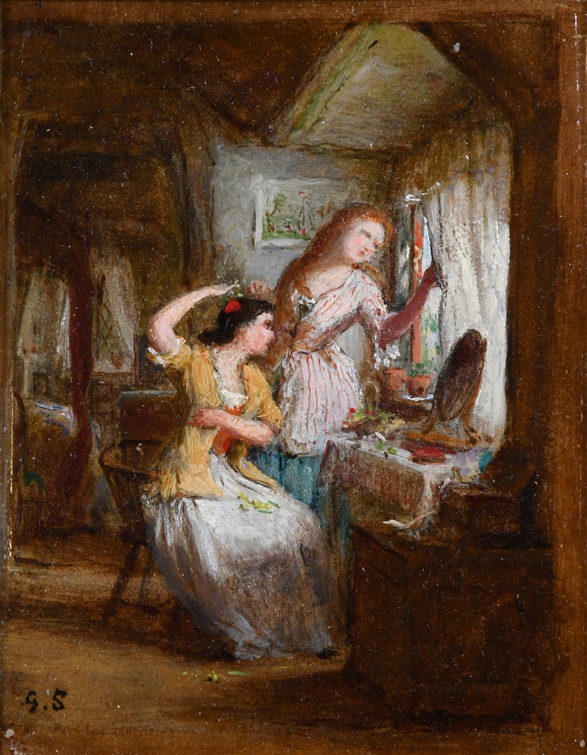 GEORGE SMITH MINIATURE PAINTING "THE TOILET": SMITH, George, (British, 1829-1901): "The Toilet", Oil/Panel, 4" x 3.5", signed lower left, framed, 9" x 8".