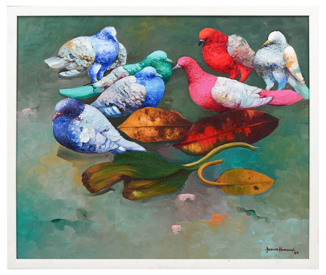 GESNER ARMAND PIGEONS HAITIAN PAINTING: ARMAND, Gesner, (Haitian, 1936-2008): Brightly Colored Pigeons, Oil/Canvas, 20" x 24", signed lower right, framed, 21.25" x 25.25".