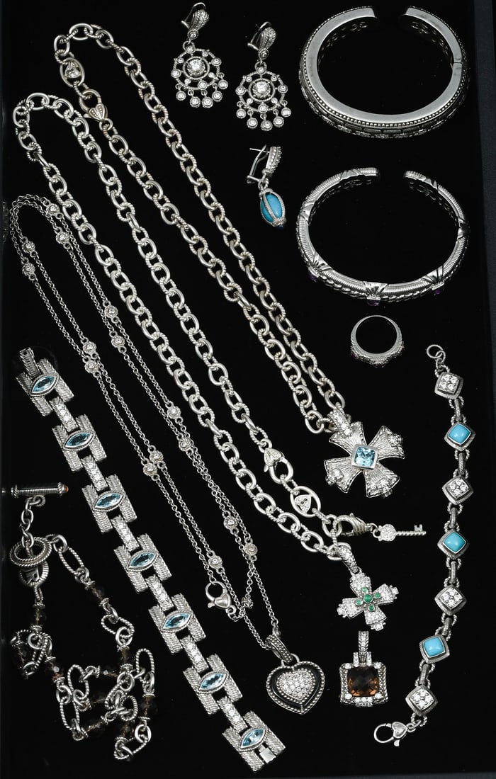 11-PC. JUDITH RIPKA STERLING & GEMSTONE JEWELRY COLLECTION: 11-PC. JUDITH RIPKA STERLING & GEMSTONE JEWELRY COLLECTION: This collection of sparkling Judith Ripka jewelry includes two link bracelets, two hinged cuff bracelets, four necklaces, one ring (sz. 6),