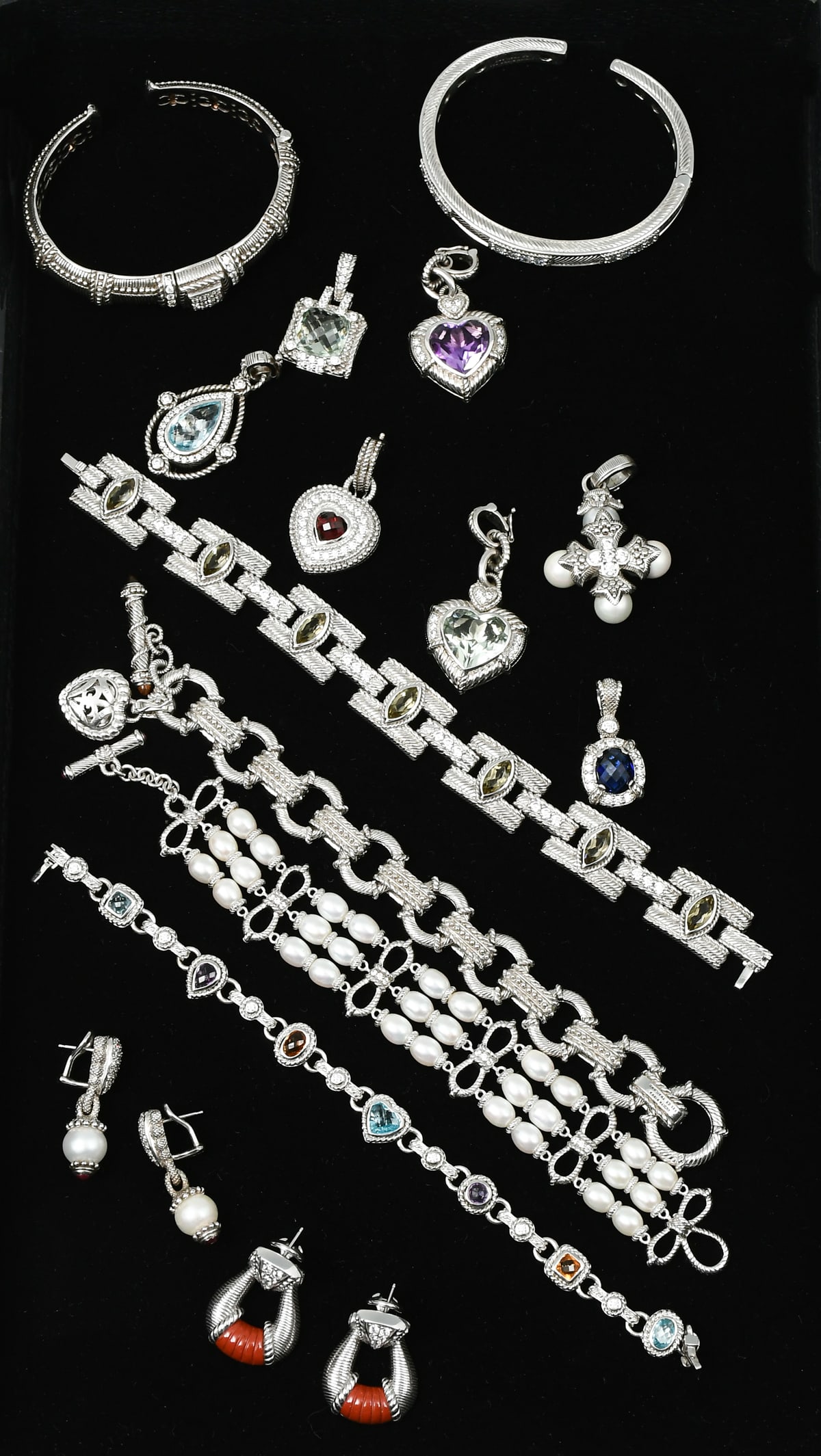 16-PC. JUDITH RIPKA STERLING & GEMSTONE JEWELRY: 16-PC. JUDITH RIPKA STERLING & GEMSTONE JEWELRY: This collection of sparkling Judith Ripka jewelry includes four link bracelets, two hinged cuff bracelets, eight gem-set enhancers (one attached to a b