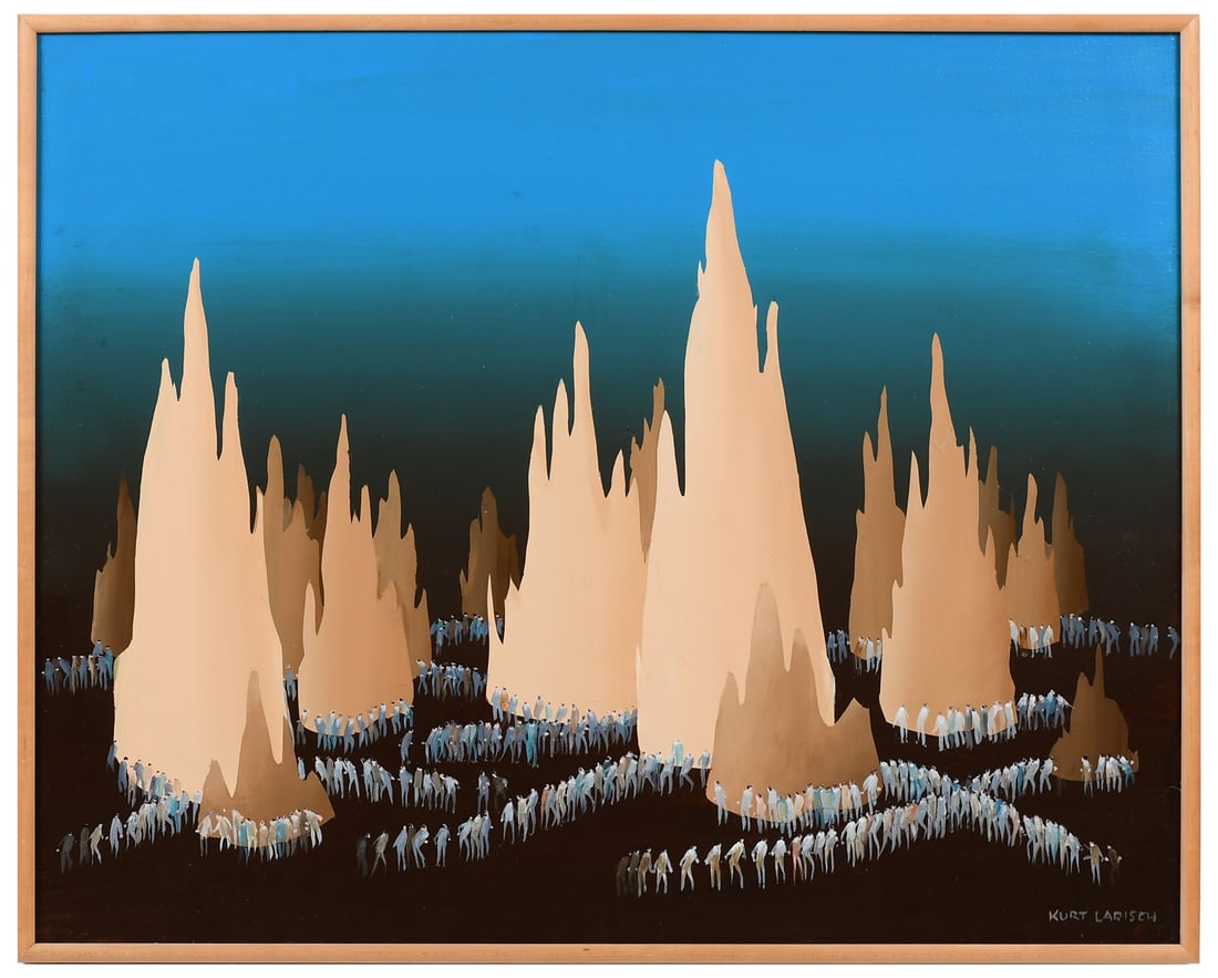 KURT LARISCH SURREAL PAINTING: LARISCH, Kurt, (American, 1913-2009): Human figures walking amongst stalagmites, Acrylic/Canvas, 24" x 30", signed lower right, signed and titled verso, framed, 24.75" x 30.75".