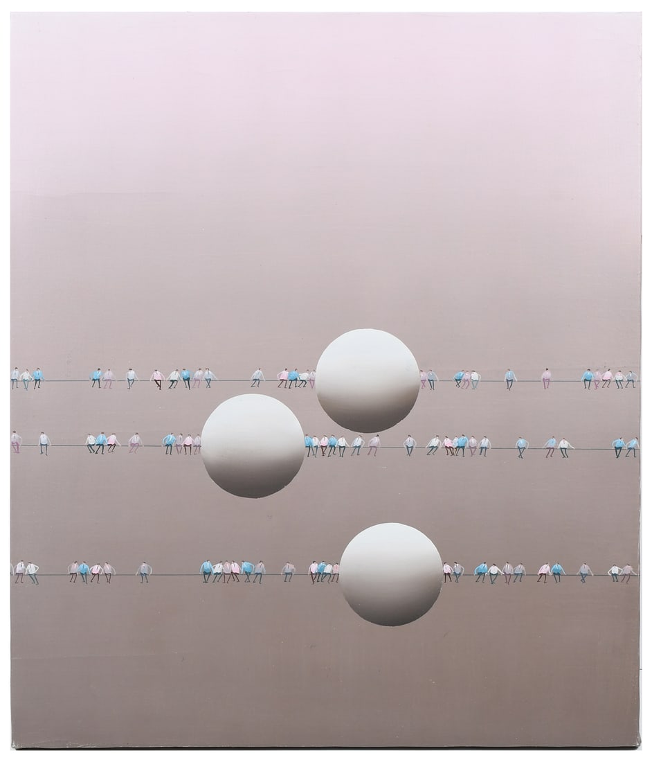 KURT LARISCH SURREAL PAINTING: LARISCH, Kurt, (American, 1913-2009): "Quo Vadis Opus 217", Acrylic/Canvas, 28" x 24", signed and titled verso, unframed.