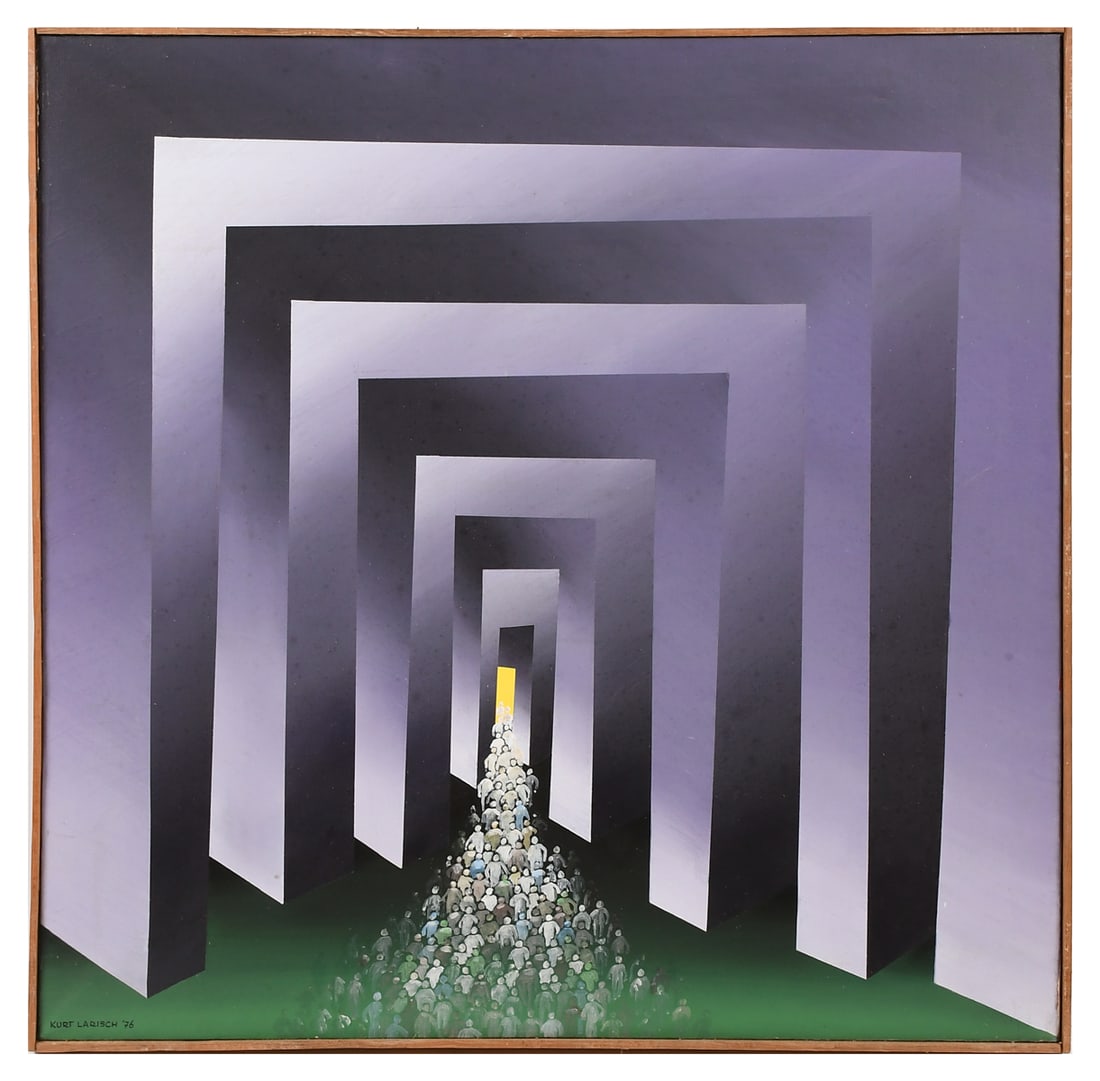 KURT LARISCH SURREAL PAINTING '76: LARISCH, Kurt, (American, 1913-2009): Gateway to Infinity, Acrylic/Canvas, 33.5" x 33.5", signed lower left and dated '76, framed, 34" x 34".