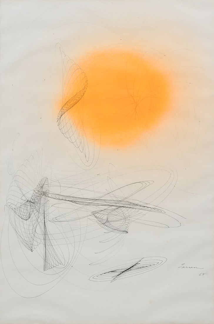 JOHN FERREN "DAYGLO #10" PAINTING '62: FERREN, John, (American, 1905-1970): "Dayglo #10", Ink/Acrylic Study, 24" x 18", signed in the right margin and dated '62, framed, 29.25" x 24".