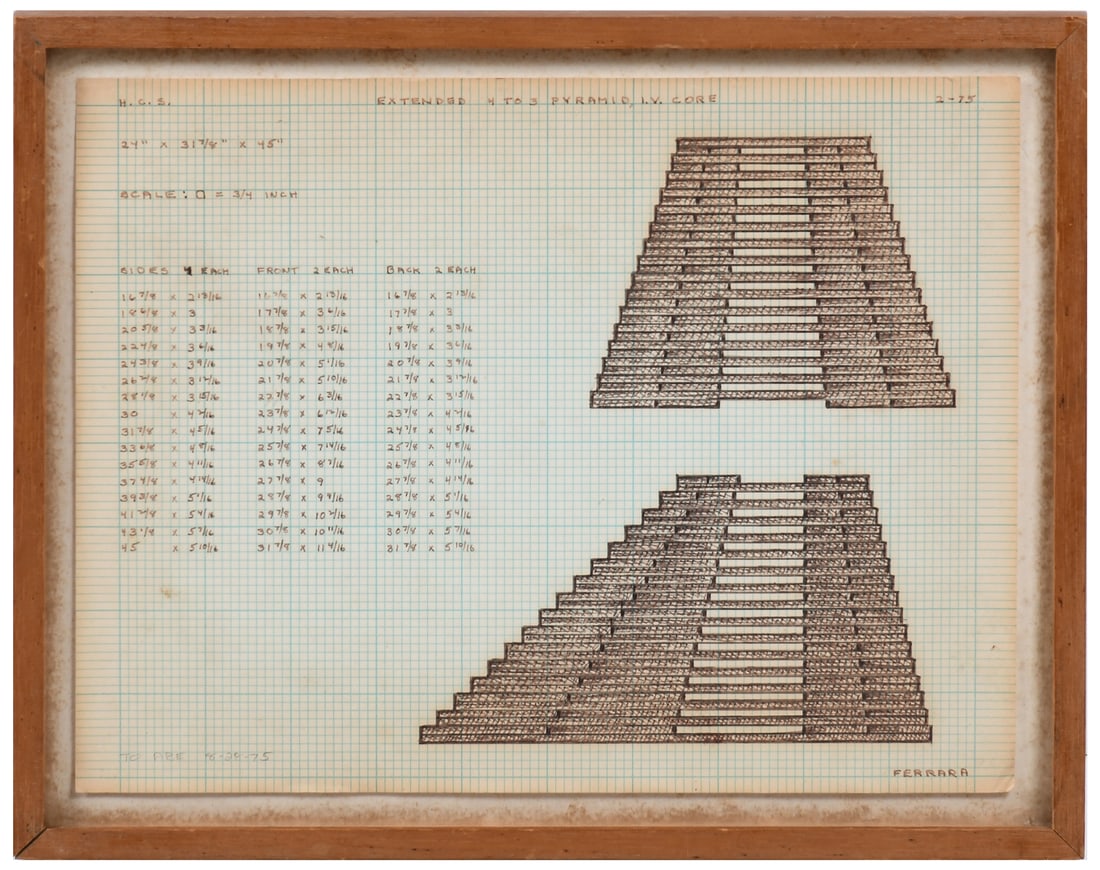JACKIE FERRARA STUDY FOR SCULPTURE: FERRARA, Jackie, (American, 1929-): Study for Sculpture Extended to 4 to 3 Pyramid, I.V. Core, sight size 8.5" x 11", signed lower right and framed, 10" x 12.5".