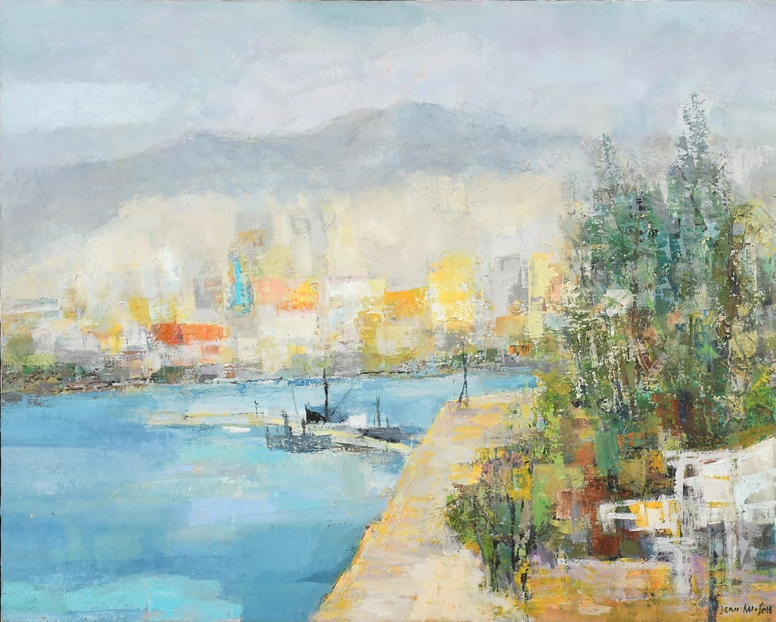 JEAN KALISCH MCM PAINTING: KALISCH, Jean, (American/Japanese, Mid 20th-Century): ''Bay View'', Oil/Canvas, 20'' x 30'', signed lower right, signed and titled verso, original frame, 25'' x 32''.