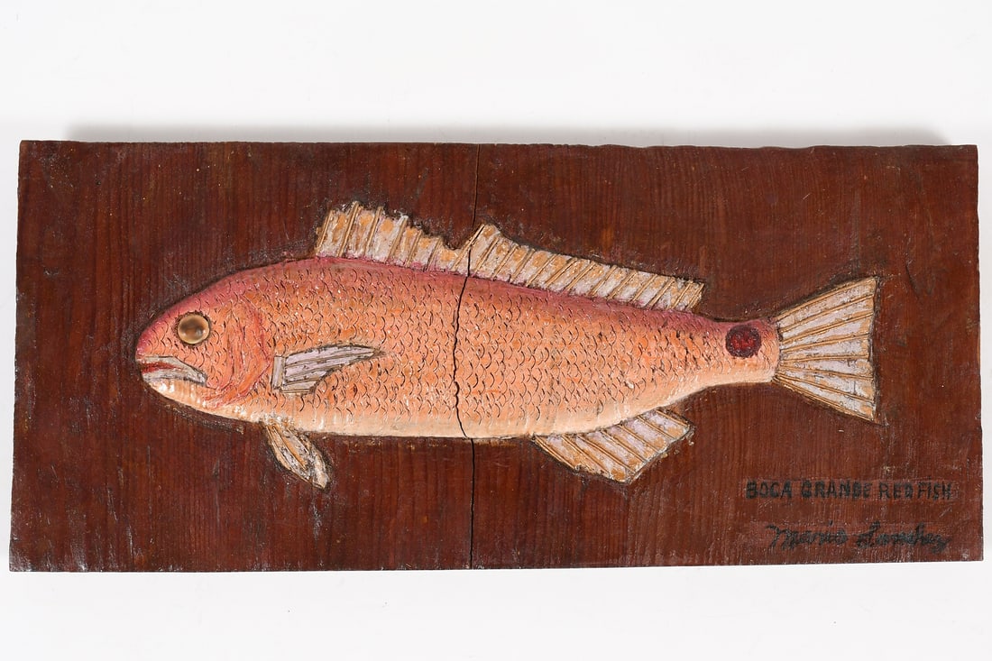 MARIO SANCHEZ BOCA GRANDE REDFISH CARVING: SANCHEZ, Mario, (American, 1908-2005): "Boca Grande Redfish", carved and painted in wood frame, signed and titled lower right, 7.25" x 13.75".