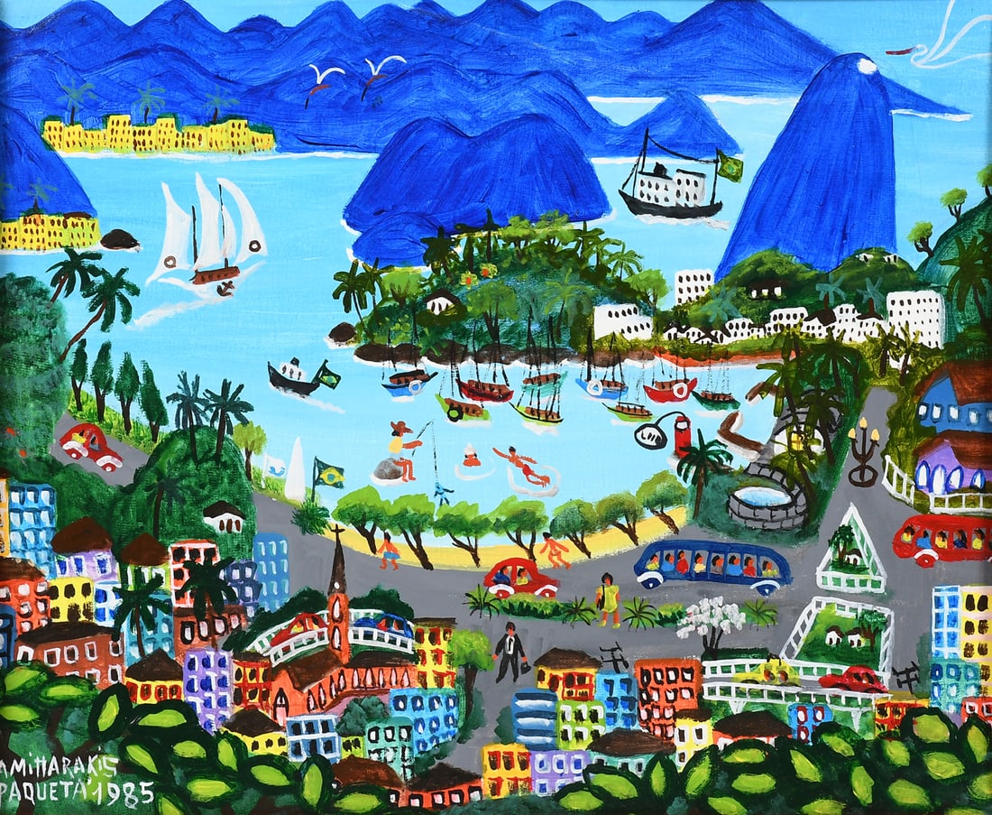 LISA MITTARAKIS RIO DE JANIERO PAINTING: MITTARAKIS, Lisa, (Brazilian, 1934-1998): Rio de Janeiro, Brazil, Acrylic/Board, 15.75'' x 19'', signed lower left, framed.