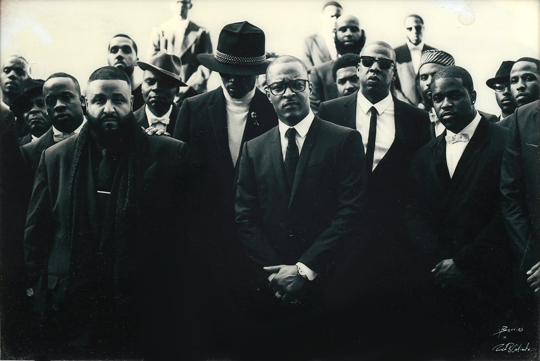 BERRIOS PHOTO ON SET FOR DJ KHALED SONG: DJ KHALID, JAY Z, BUSTA RHYMES, T.I., 2 CHAINZ, SWIZZ BEATZ, FABULOUS, A$AP FERG, PUSHA T, & FUTURE PHOTO FOR ''I GOT THE KEYS'': Image Size 11.5'' x 17'', framed, 24.5'' x 30'', signed in the plate l