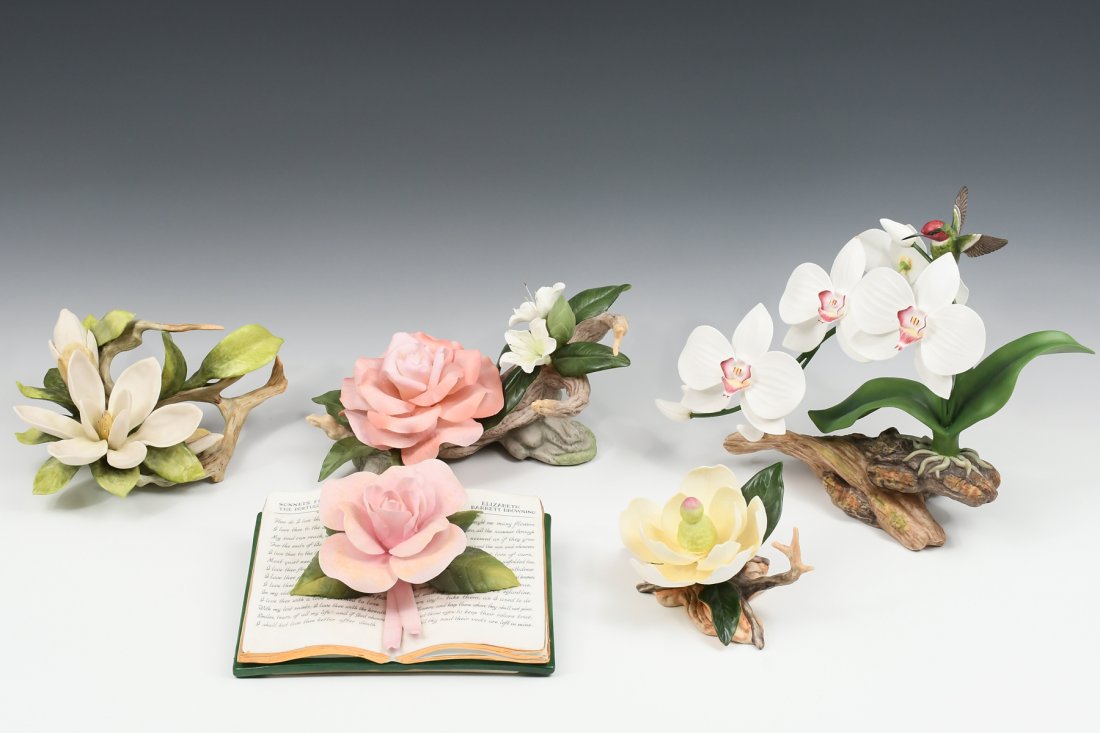 5 PC. BOEHM PORCELAIN FLOWER COLLECTION: 5 PC. BOEHM PORCELAIN FLOWER COLLECTION: Five pieces of exquisite Boehm & Cybis porcelain. 1) Boehm "Book of Love", 1989. No. 44 of a Limited Edition. 2) Boehm "Magnolia", 1989. 3) Boehm "Barbara Bush