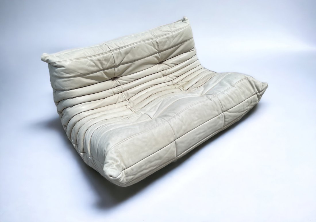 LEATHER LOVESEAT BY MICHAEL DUCAROY FOR LIGNE ROSET: LEATHER LOVESEAT BY MICHAEL DUCAROY FOR LIGNE ROSET: A contemporary design classic, a two-seater Togo style sofa originally designed by Michael Ducaroy for Ligne Roset, upholstered in gathered leather