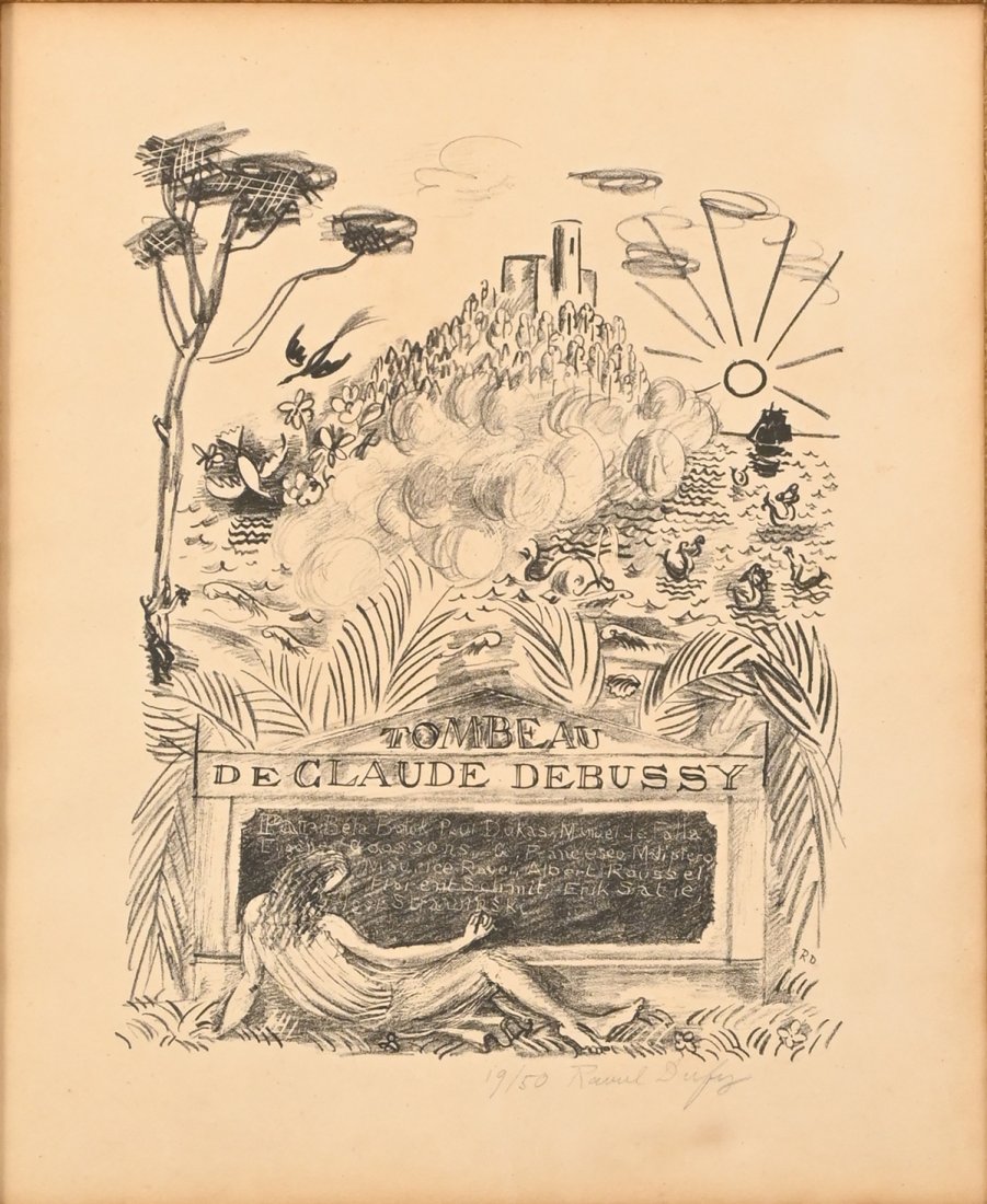 RAOUL DUFY LITHOGRAPH DEBUSSY TOMB: DUFY, Raoul, (French, 1877-1953): "Tomb of Claude Debussy", Lithograph, sight size 11" x 9.25", pencil signed lower right, numbered 19/50, framed, 18" x 15".