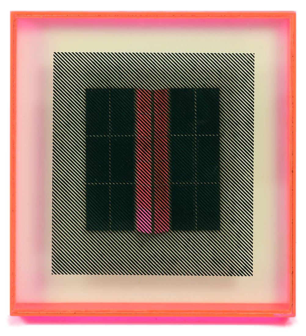 REGINALD NEAL "RED REFLECTED" EXHIBITED OP-ART: NEAL, Reginald, (American, 1909-1992): "Red Reflected", 12.25" x 11.25", Art Lending Service label verso, Art in the Embassies Program, from A.M. Sachs Gallery.