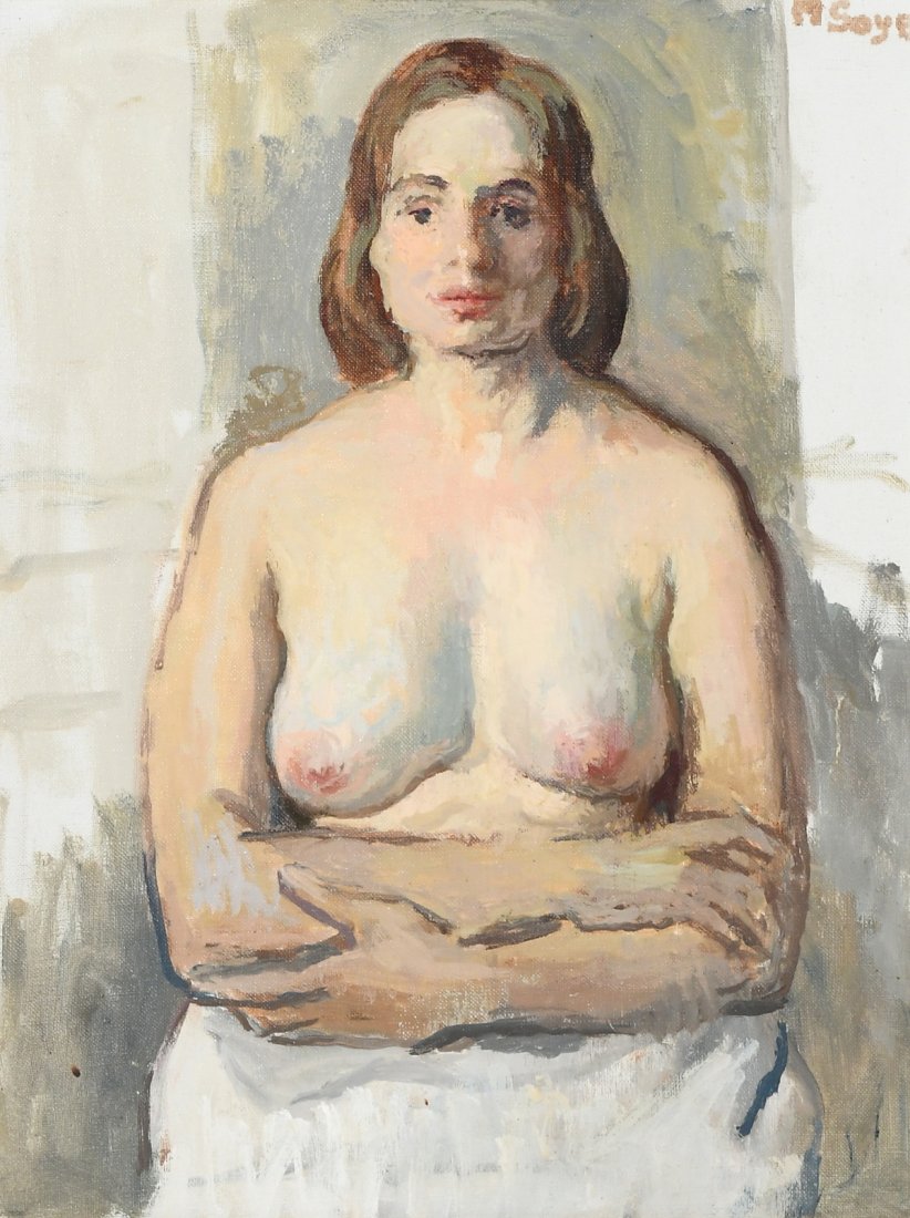 MOSES SOYER FEMALE NUDE PAINTING: SOYER, Moses, (American, 1899-1974): Female Nude, Oil/Canvas, 16" x 12", signed upper left, framed, 21.5" x 17.5", partial ACA New York gallery label verso.